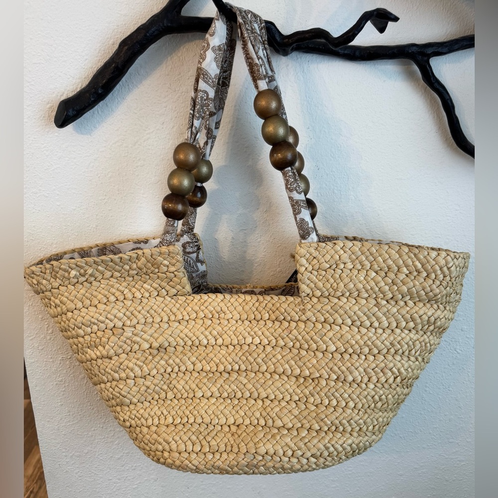 NWT Sun N' Sand Natural Straw Tote Bag with Beaded Handles - Picture 3 of 13